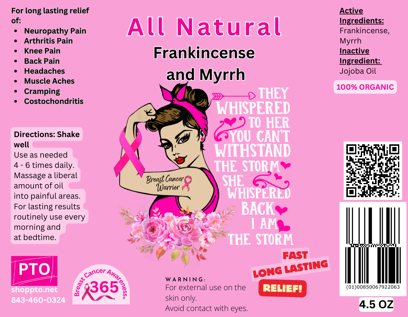 Breast Cancer Awareness Frankincense and Myrrh Pain Relief Oil 4 oz