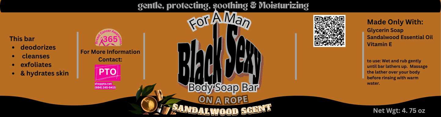 Black Sexy For A Man Body Soap On A Rope Sandalwood Scent 4 Pk